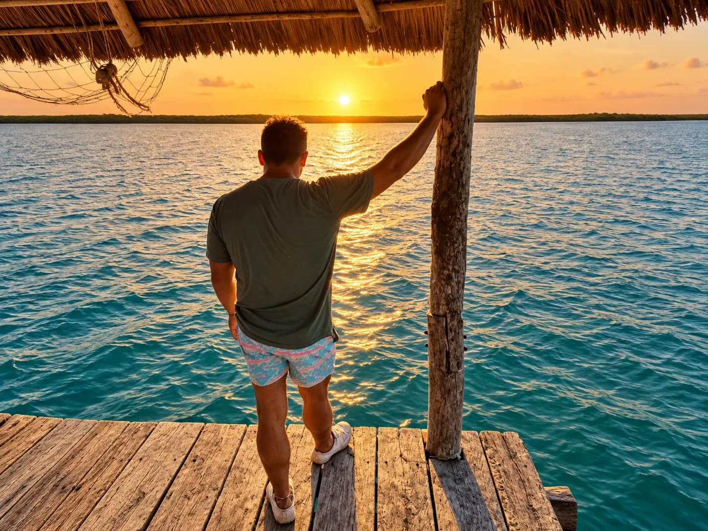 Sunset over Laguna Bacalar from a wooden dock in Buenavista, January 2019, the day the idea for Reset Retreats began